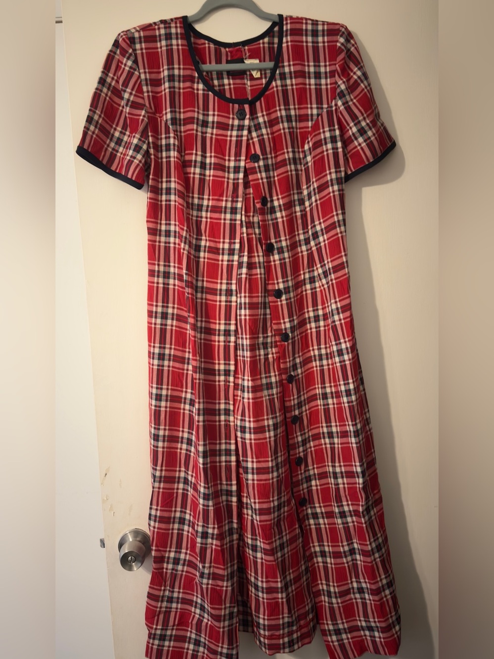 Vtg Kathie Lee Collection Red Plaid Midi Dress with Black Trim